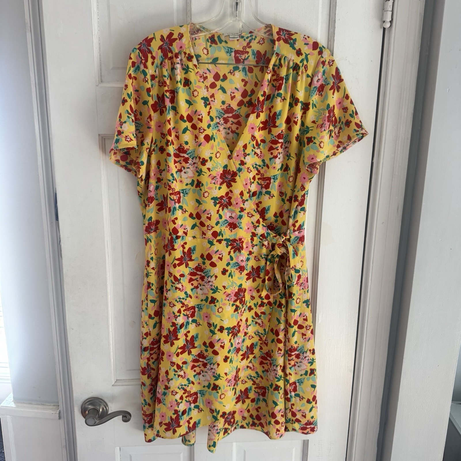 J.Crew Womens Size 12 Yellow Floral Wrap Dress Short Sleeve V Neck Spring Dress